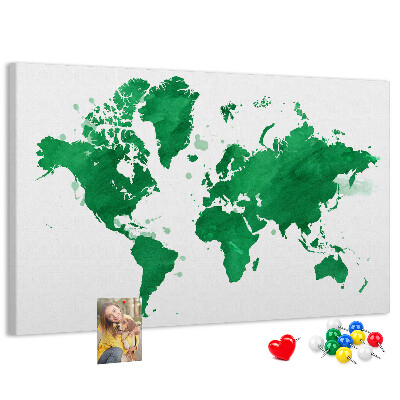 Pizarra de corcho mapamundi con diseño de acuarela verde