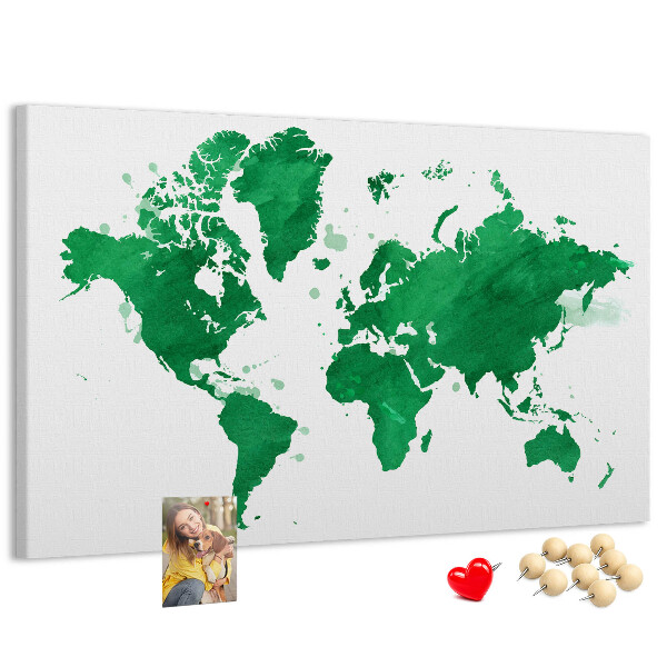 Pizarra de corcho mapamundi con diseño de acuarela verde