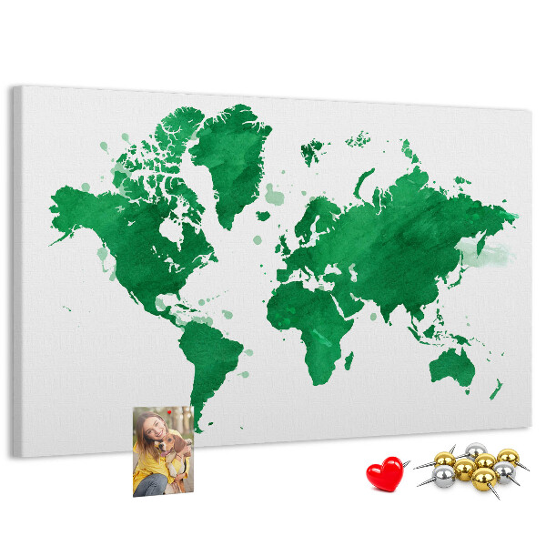 Pizarra de corcho mapamundi con diseño de acuarela verde