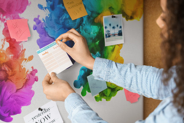 Tablero de anuncios diseño de nubes de pintura coloridas en movimiento