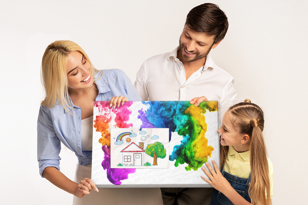 Tablero de anuncios diseño de nubes de pintura coloridas en movimiento