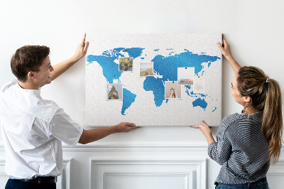 Pizarra de corcho mapa mundial azul sobre fondo blanco