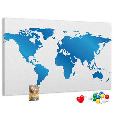 Pizarra de corcho mapa mundial azul sobre fondo blanco