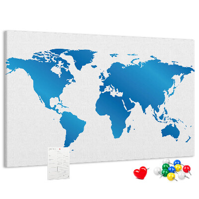 Pizarra de corcho mapa mundial azul sobre fondo blanco