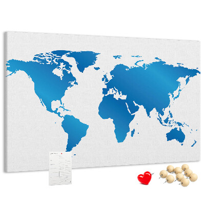 Pizarra de corcho mapa mundial azul sobre fondo blanco