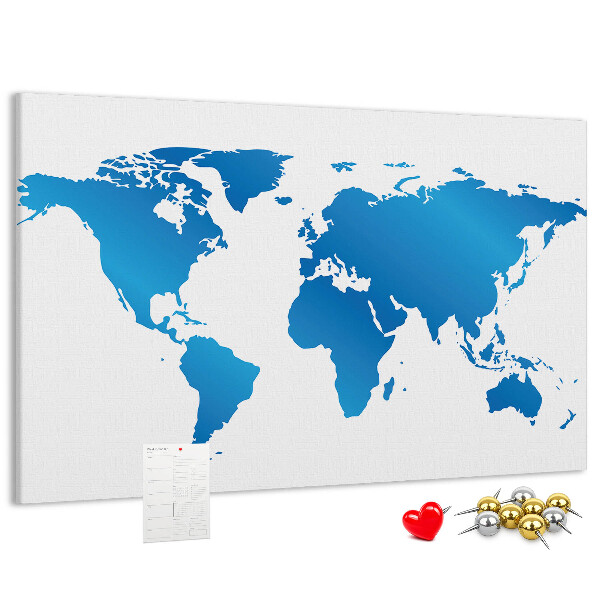 Pizarra de corcho mapa mundial azul sobre fondo blanco
