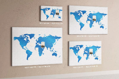 Pizarra de corcho mapa mundial azul sobre fondo blanco