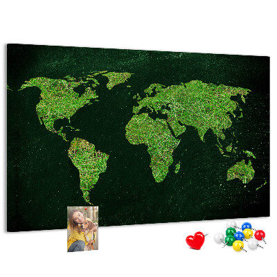 Tablero de anuncios mapa mundial verde con red de carreteras