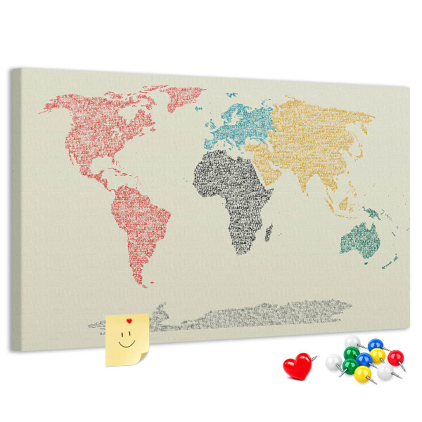Pizarra de corcho mapamundi con diseño de palabras y colores