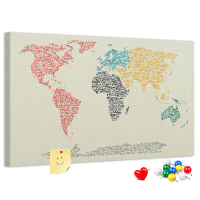 Pizarra de corcho mapamundi con diseño de palabras y colores
