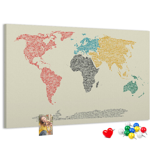 Pizarra de corcho mapamundi con diseño de palabras y colores