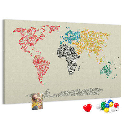 Pizarra de corcho mapamundi con diseño de palabras y colores
