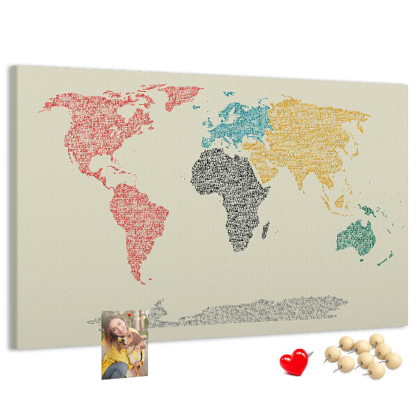 Pizarra de corcho mapamundi con diseño de palabras y colores
