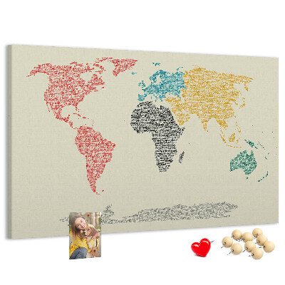 Pizarra de corcho mapamundi con diseño de palabras y colores
