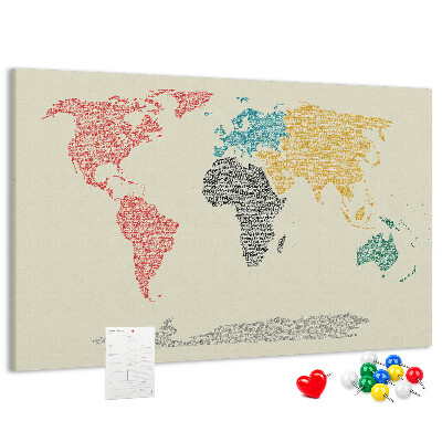Pizarra de corcho mapamundi con diseño de palabras y colores