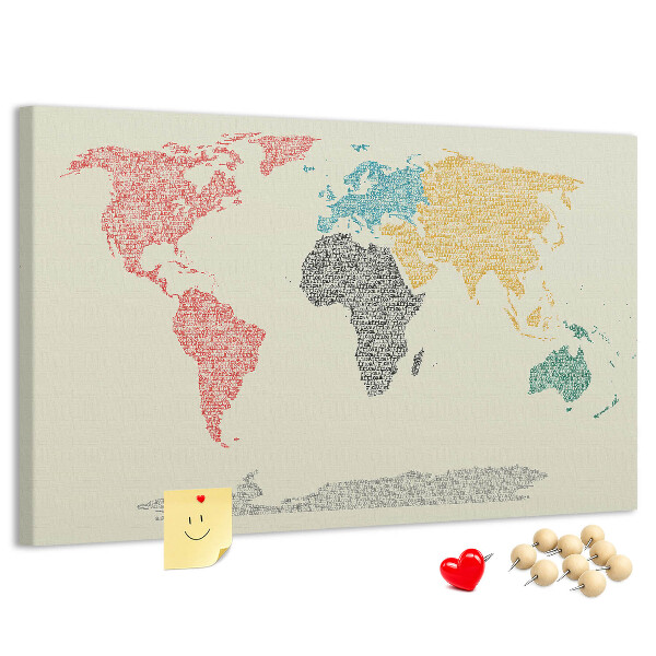 Pizarra de corcho mapamundi con diseño de palabras y colores