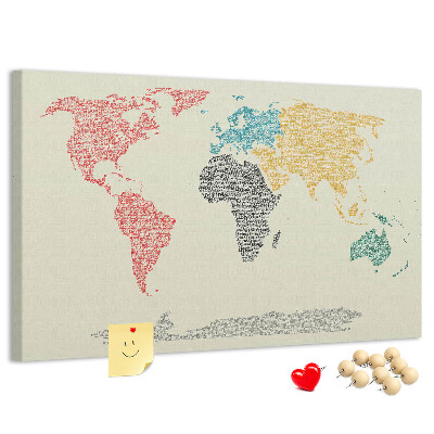 Pizarra de corcho mapamundi con diseño de palabras y colores