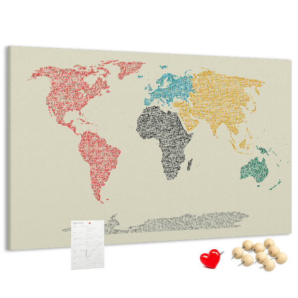 Pizarra de corcho mapamundi con diseño de palabras y colores