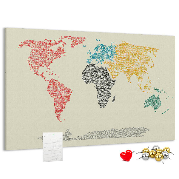 Pizarra de corcho mapamundi con diseño de palabras y colores