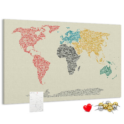 Pizarra de corcho mapamundi con diseño de palabras y colores