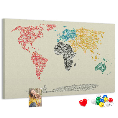 Pizarra de corcho mapamundi con diseño de palabras y colores