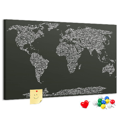 Tablero de corcho decorado Mapa del mundo en formato de texto.