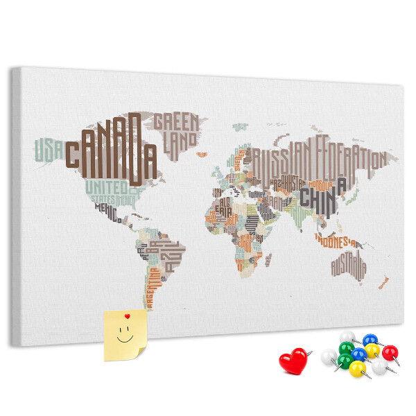 Tablero de anuncios mapamundi con los nombres de los países