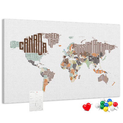 Tablero de anuncios mapamundi con los nombres de los países