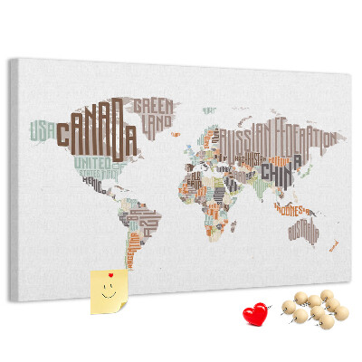 Tablero de anuncios mapamundi con los nombres de los países