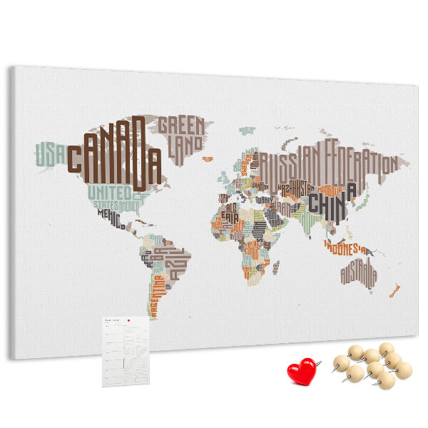 Tablero de anuncios mapamundi con los nombres de los países