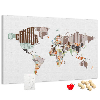 Tablero de anuncios mapamundi con los nombres de los países