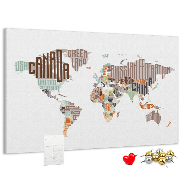 Tablero de anuncios mapamundi con los nombres de los países
