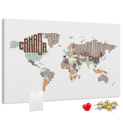 Tablero de anuncios mapamundi con los nombres de los países