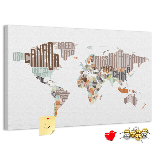 Tablero de anuncios mapamundi con los nombres de los países