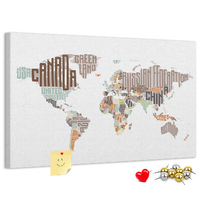 Tablero de anuncios mapamundi con los nombres de los países