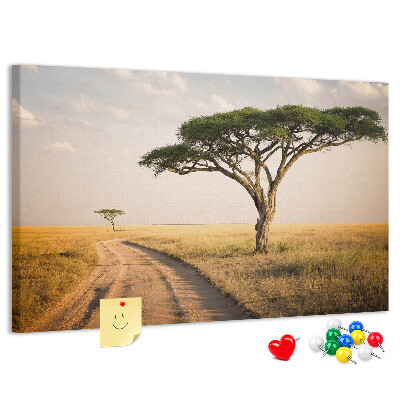 Pizarra de corcho Un camino a través de un paisaje africano con un árbol.