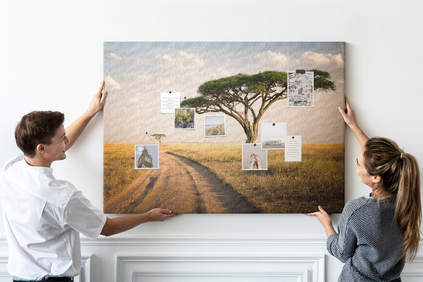 Pizarra de corcho con diseño de paisaje africano y un árbol