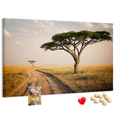 Pizarra de corcho con diseño de paisaje africano y un árbol