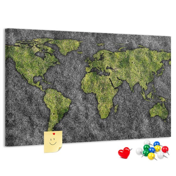 Tablero de corcho decorado mapa del mundo verde sobre fondo gris