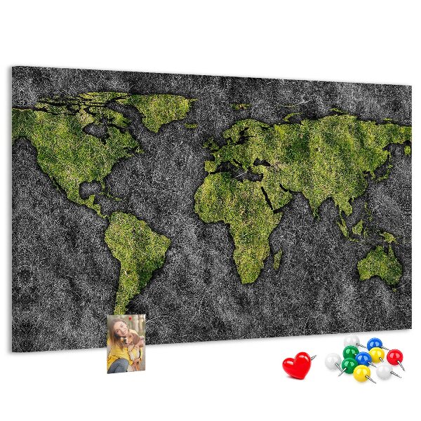 Tablero de corcho decorado mapa del mundo verde sobre fondo gris