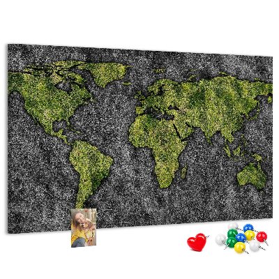 Tablero de corcho decorado mapa del mundo verde sobre fondo gris