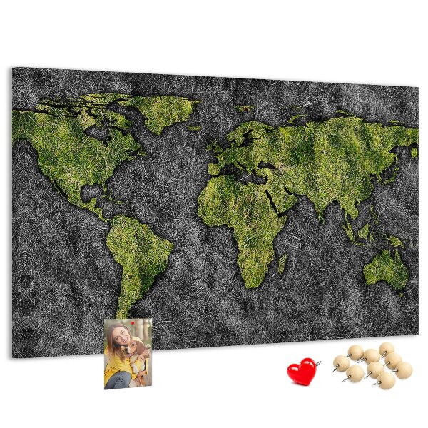 Tablero de corcho decorado mapa del mundo verde sobre fondo gris