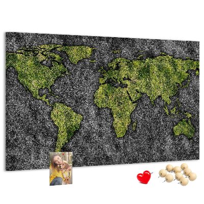 Tablero de corcho decorado mapa del mundo verde sobre fondo gris