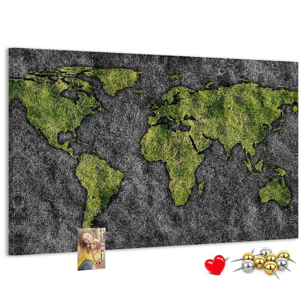 Tablero de corcho decorado mapa del mundo verde sobre fondo gris