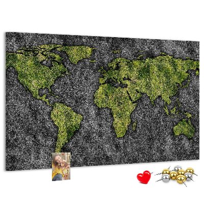 Tablero de corcho decorado mapa del mundo verde sobre fondo gris