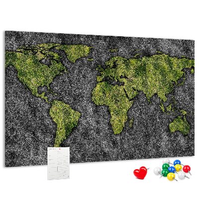 Tablero de corcho decorado mapa del mundo verde sobre fondo gris