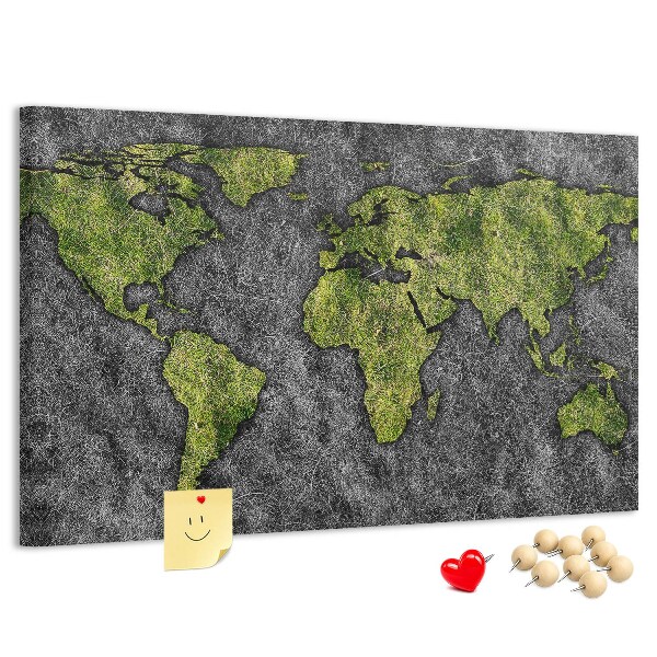 Tablero de corcho decorado mapa del mundo verde sobre fondo gris