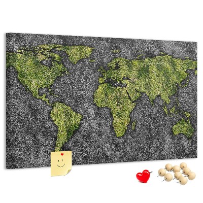 Tablero de corcho decorado mapa del mundo verde sobre fondo gris