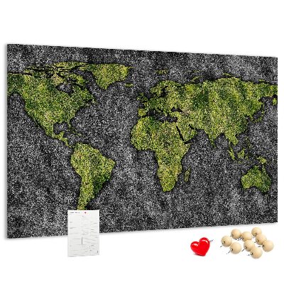 Tablero de corcho decorado mapa del mundo verde sobre fondo gris