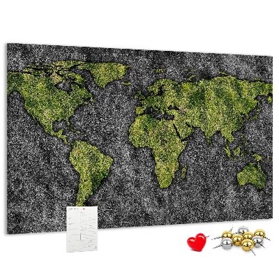 Tablero de corcho decorado mapa del mundo verde sobre fondo gris